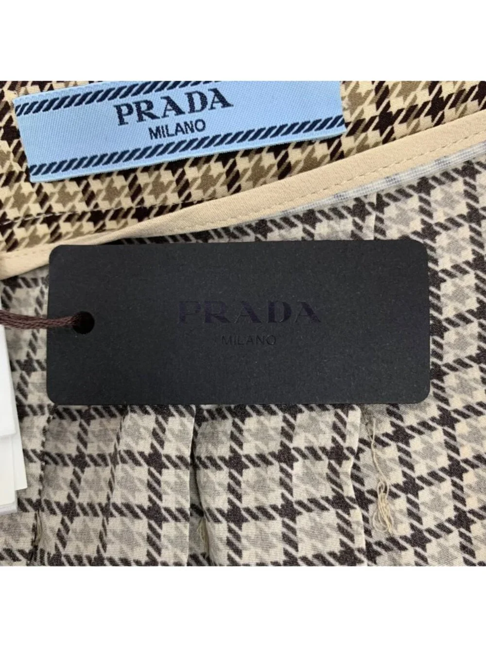 Prada 2023 Brown Houndstooth Silk Pleated A-Line Skirt